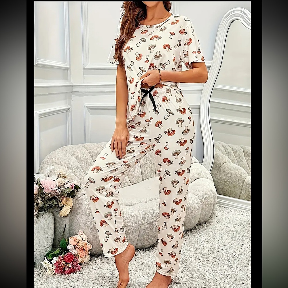 New white pink green red mushroom print 2-piece pajama top & pants set large